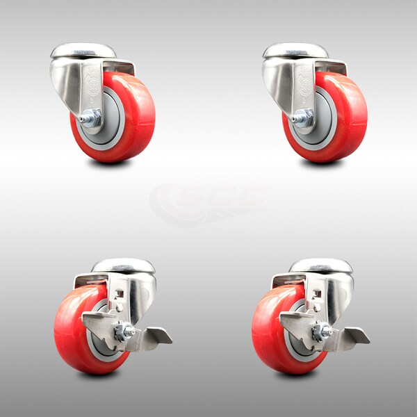 Service Caster 3 Inch 316SS Red Polyurethane Wheel Swivel Bolt Hole Caster Brakes SCC, 2PK SCC-SS316BH20S314-PPUB-RED-2-TLB-2 - main